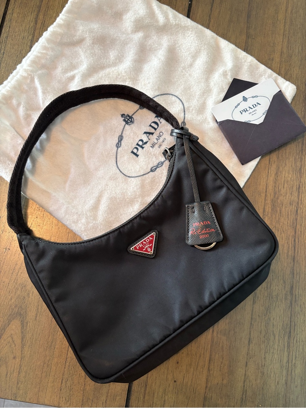 Prada Black Nylon Shoulder Hobo with Red Triangle Logo